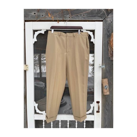 Lands' End Traditional Fit Trousers Flat Front Tan 100% Cotton Cuffed Sz 37 - Picture 1 of 6